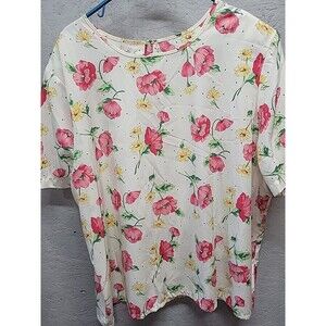 Vintage Kathie Lee Blouse Womens 24W White Floral Short Sleeve Shoulder Pads Top